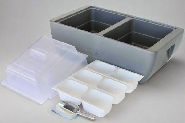 Metallic gray party cooler with two cup holders and clear serving lids