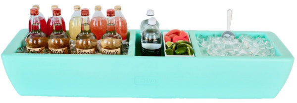 REVO Party Barge Cooler™ light turquoise, front view with bottles, limes, and ice