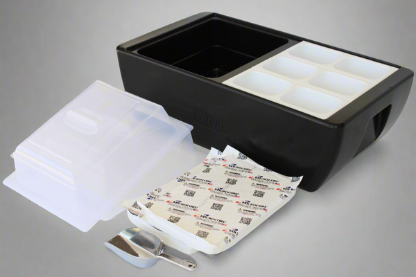Deep black flameless chafer with removable ice trays, clear lids, and accessory packet