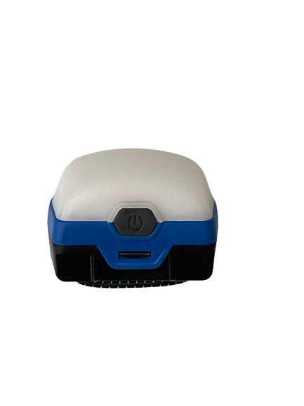 Rechargeable LED camp lantern, blue and black body with top power button