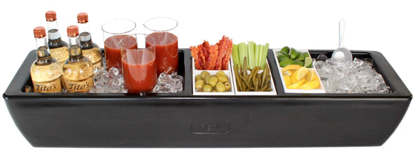 Deep black REVO party barge cooler with compartments of drinks, cups, and snacks
