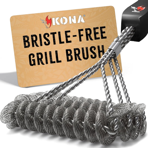 Bristle-free grill brush with twisted stainless-steel coil cleaning head and metal handle
