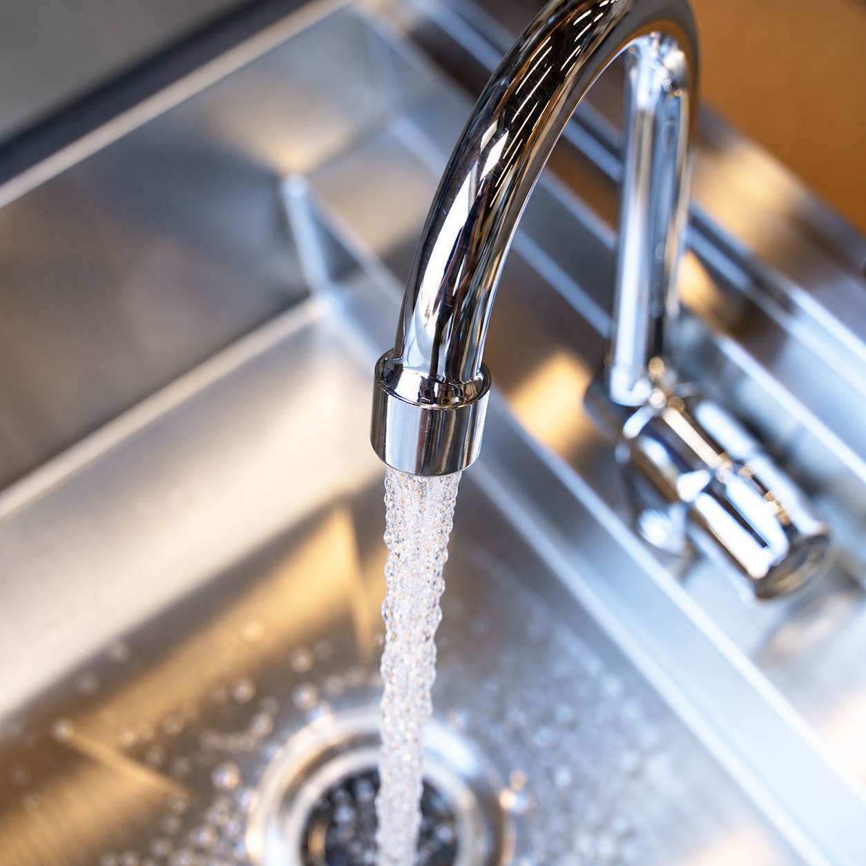 Chrome faucet running water into the sink