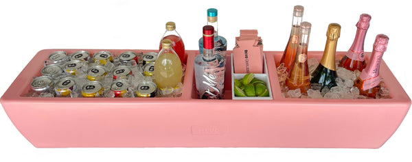 Pink coral party bar cooler with multiple drink compartments and bottle slots