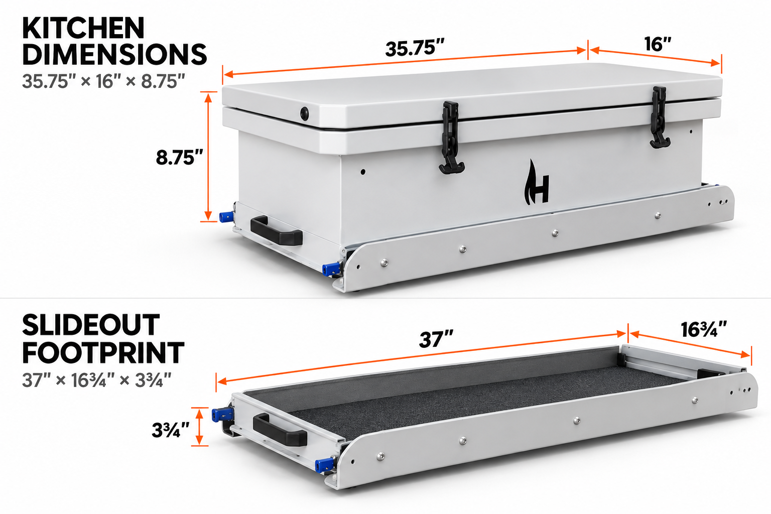 Camp Kitchen Slideout dimensions: kitchen 35.75 by 16 by 8.75 inches, slideout footprint 37 by 16 3/4 by 3 3/4 inches