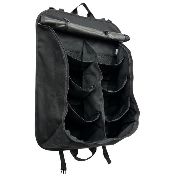 Black hanging storage organizer bag with mesh pocket panels and top grab handle