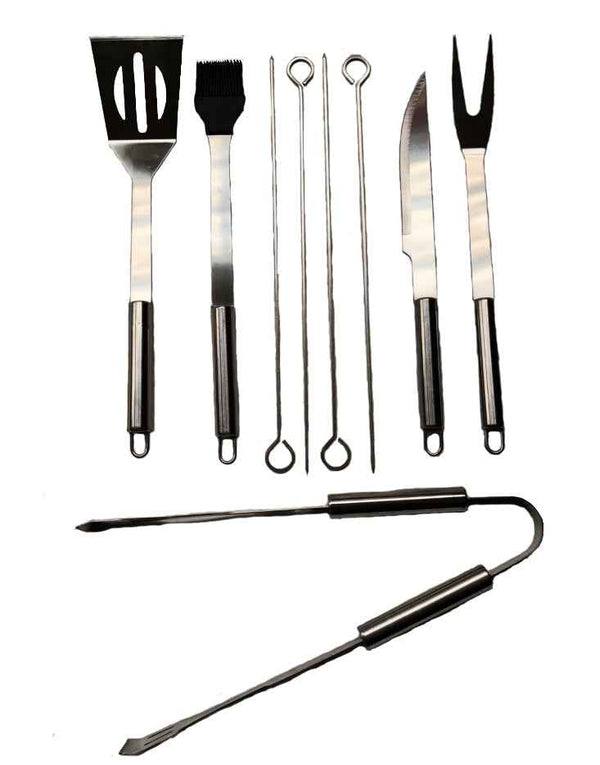BBQ grill utensil set with spatula, fork, tongs, skewers, and bottle opener