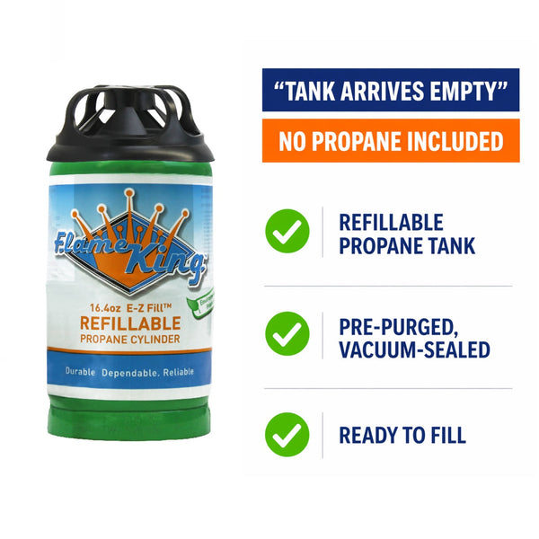 Flame King 1 lb refillable propane cylinder tank, green and blue label, empty setup