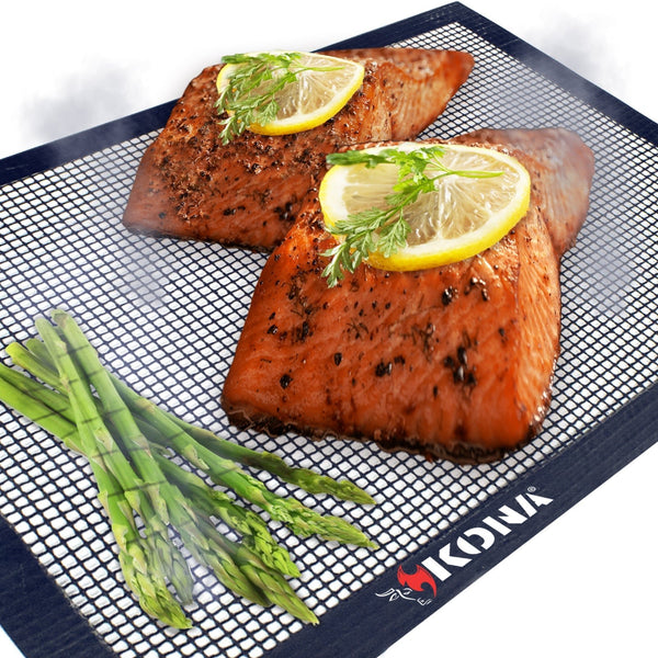 Rectangular Kona mesh grill mat with fine grid pattern, dark blue frame