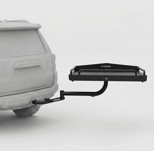 Black rear cargo platform with hitch-mount bracket and U-shaped swing arm