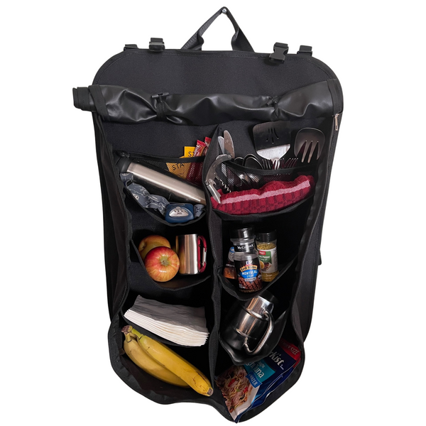 Black hanging tire table organizer bag with multiple compartments and hook handle, open top