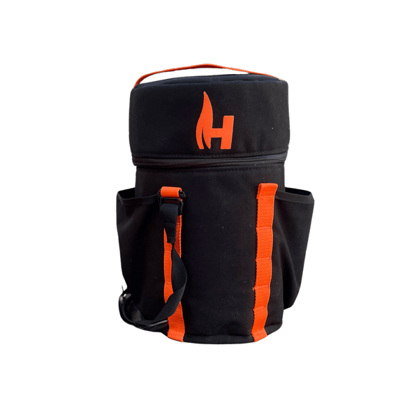 Propane tank carrying case, black fabric with orange H logo and side handles.