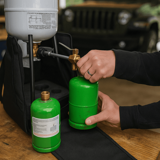 Green propane cylinder with brass valve and connection hose, held by a hand