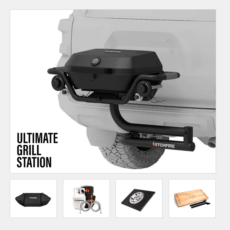 Black gas grill with hinged lid, front knobs, and mounted side burner