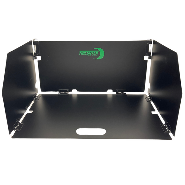 Black tabletop BBQ windscreen panels with fold-out sides and mounting brackets