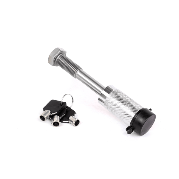Locking hitch pin with chrome threaded shaft, black handle, and key ring with keys