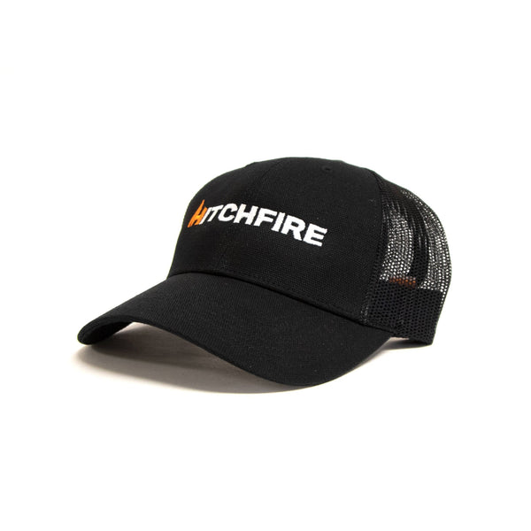 Black baseball cap with orange HitchFire lettering and mesh back panel