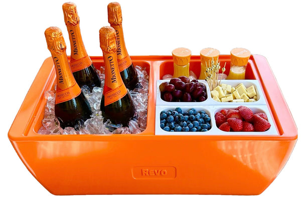 Orange Burst party cooler bin with champagne bottles and snack compartments, REV0 logo