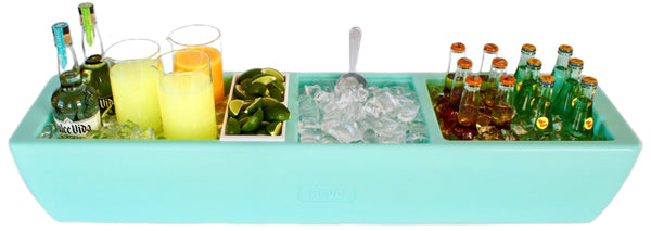 REVO Party Barge Cooler™ in light turquoise, packed with drinks, bottles, and ice tray