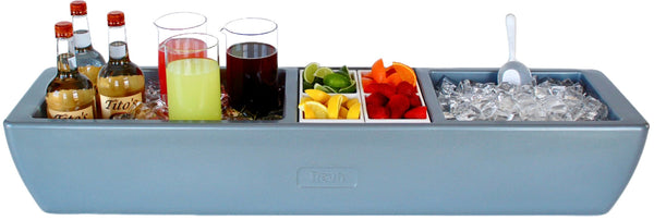Metallic gray party bar cooler with bottles, drinks, and ice trays inside