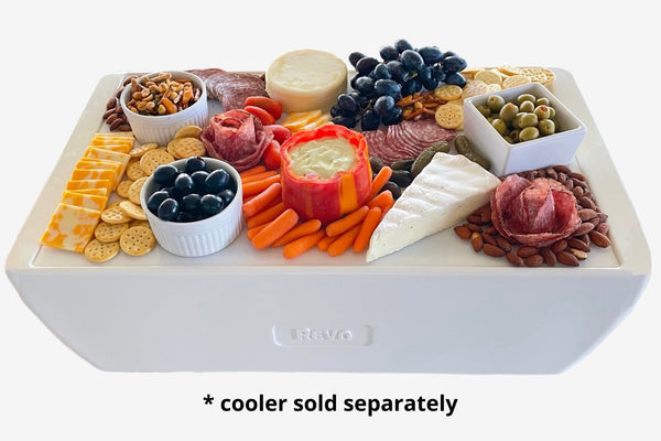 Dubler Chill Boards™ cooler tray with logo, filled with assorted cold foods