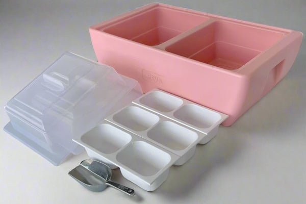Dubler Party Cooler™ in pink coral with ice tray, divider bins, and serving cups