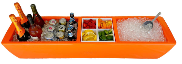 Orange party barge cooler with drink bottles, snack compartments, and ice tray