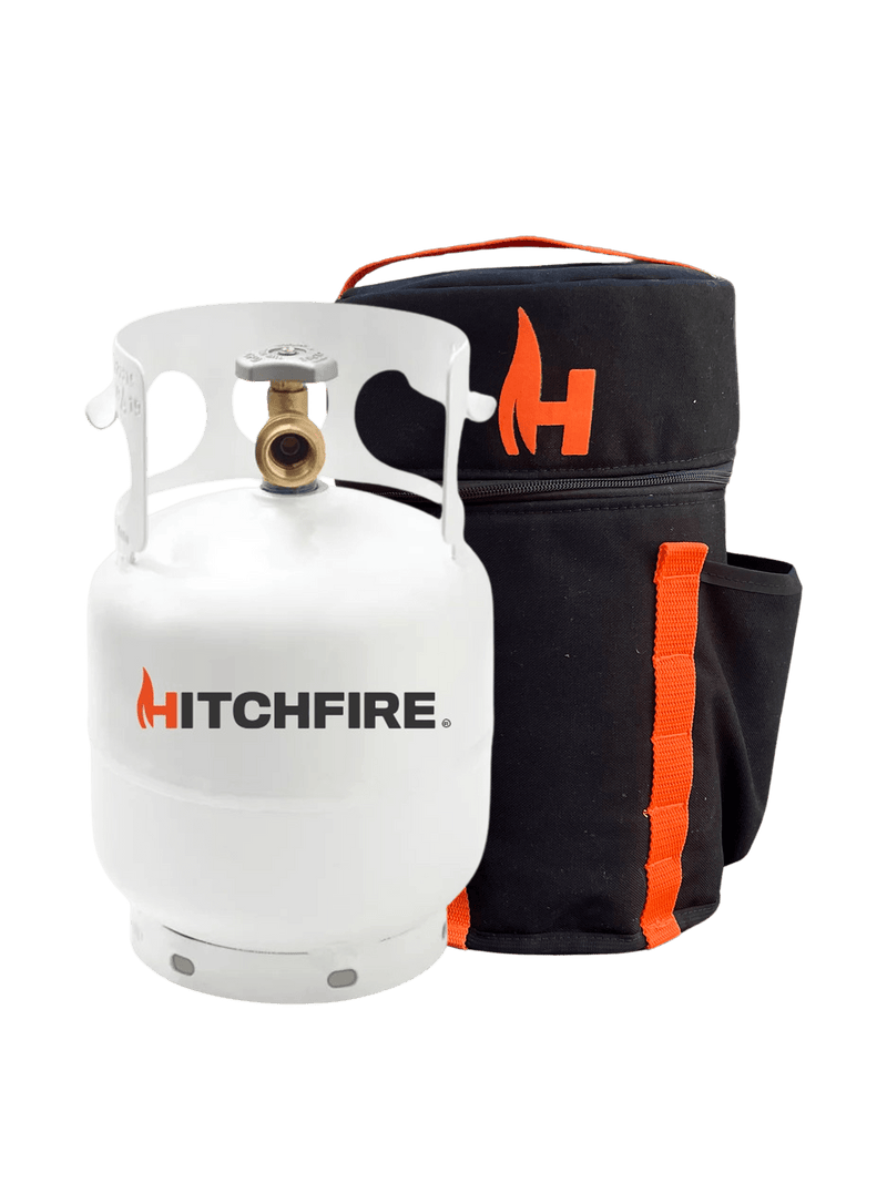 Refillable propane tank with brass valve paired with black carrying case