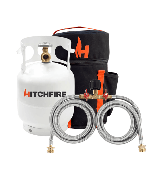 Hitchfire propane tank, black carrying case with orange H, two-way hose kit.