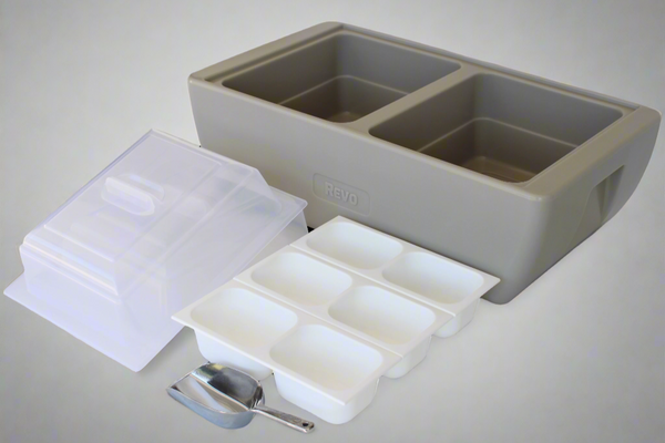 Dubler Party Cooler in Greige Mist with divided compartments and included lids/ice trays