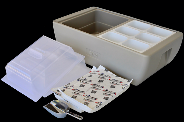 Greige mist flameless chafer base with clear lid, compartment inserts, heat packets