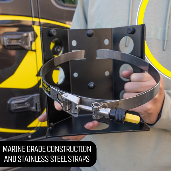 Black steel tank bracket with adjustable stainless steel strap and buckles