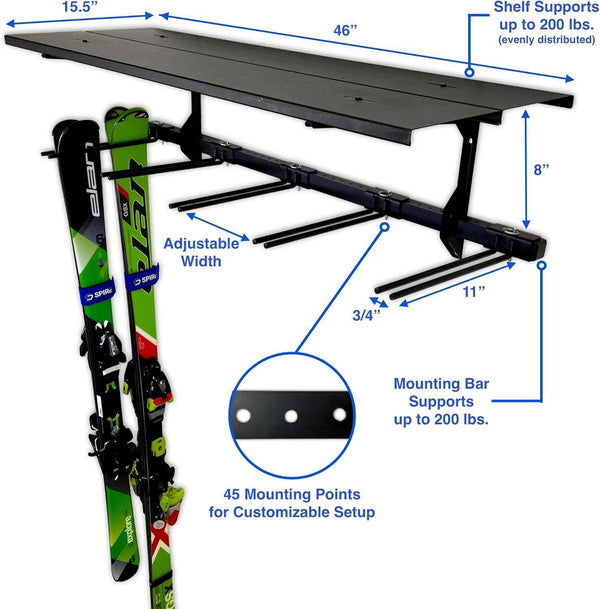 Solitude Ski Solid Shelf | Adjustable Wall Storage System | Holds 10 Pairs of Skis