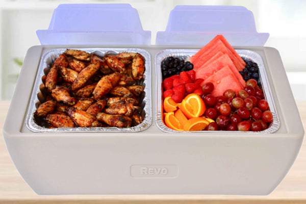 Greige mist flameless chafer cooler with two foil trays of prepared food