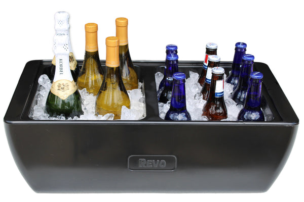Deep black cooler with champagne and beer bottles on ice in two divided sections