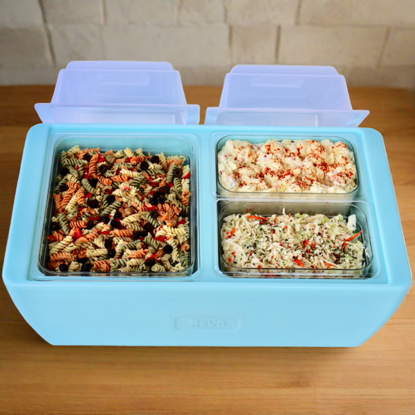 Light blue party cooler with two open compartments and removable inner divider trays