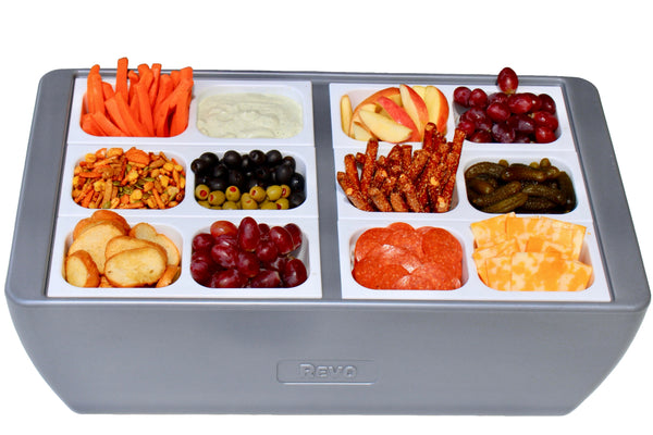 Metallic gray party cooler with divided food trays and assorted snacks