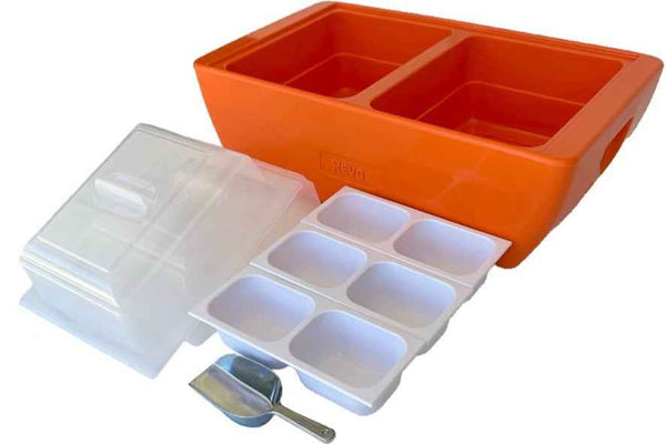 Orange heated chafer base with two stainless wells and clear insert lids