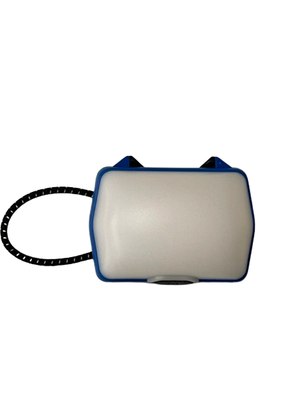 Blue rechargeable LED lantern with chain handle, top view of carrying tabs