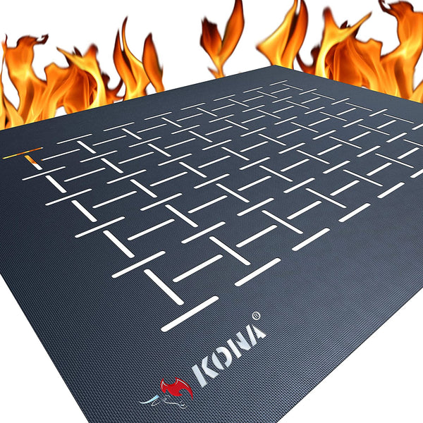 Black grill mat with perforated holes, 16 x 13 in, for grilling, logo at corner