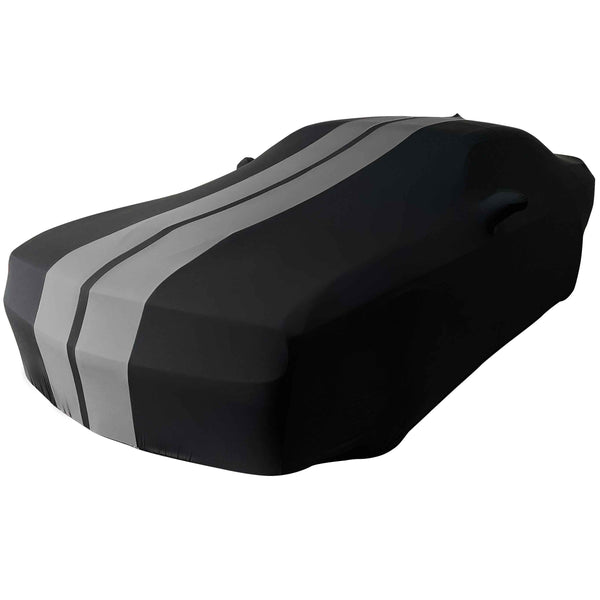 2008-2023 Dodge Challenger Ultraguard Stretch Satin Indoor Car Cover : Sport Series - Black with Gray Stripes