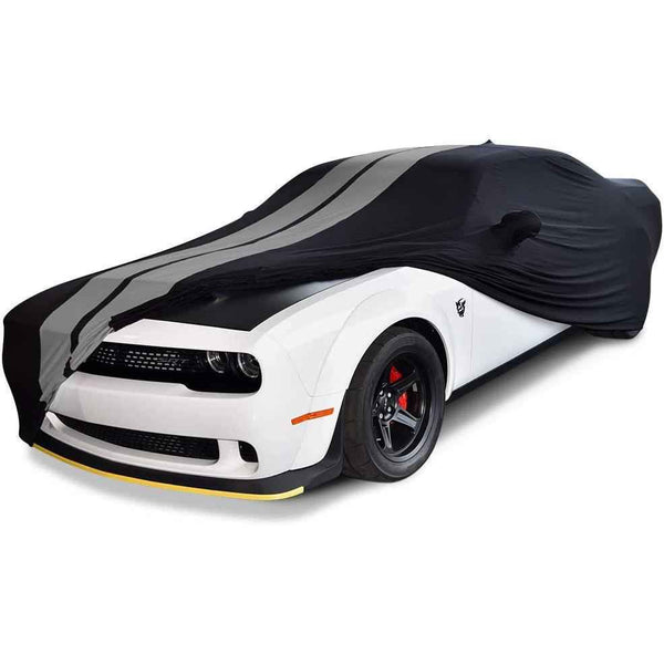 2008-2023 Dodge Challenger Ultraguard Stretch Satin Indoor Car Cover : Sport Series - Black with Gray Stripes