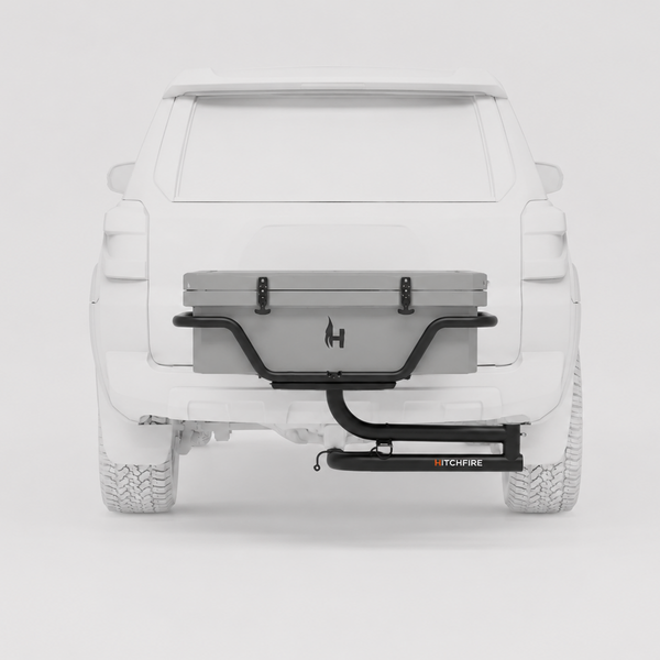 Hitch mount kit for vehicle rear: black platform mounted to hitch receiver