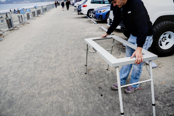 Camp Kitchen folding side table frame with tabletop attached