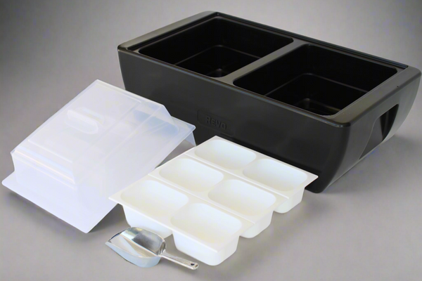 Deep black cooler with open top and four compartments plus clear insert trays
