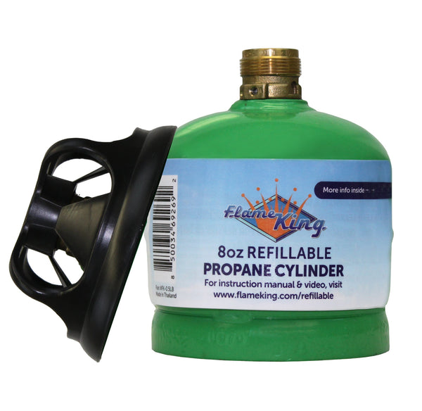 Green 8 oz refillable propane cylinder with blue Flame King label and brass valve.
