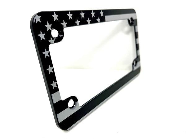 Slim Billet Aluminum Motorcycle License Plate Frame – Laser Engraved American Flag – Made in USA