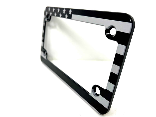 Slim Billet Aluminum Motorcycle License Plate Frame – Laser Engraved American Flag – Made in USA