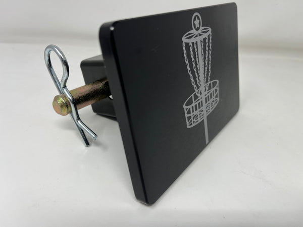 Black disc golf hitch cover with basket and chains graphic