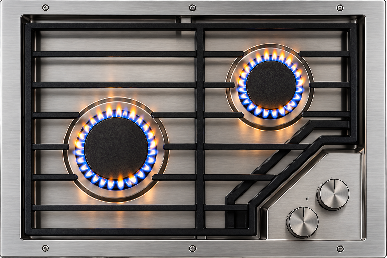 Stainless steel cooktop with both burners lit